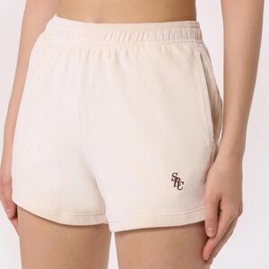 Sporty & Rich SRC Embroidered Velour Track Mini Shorts in Cream/Burgundy - XS